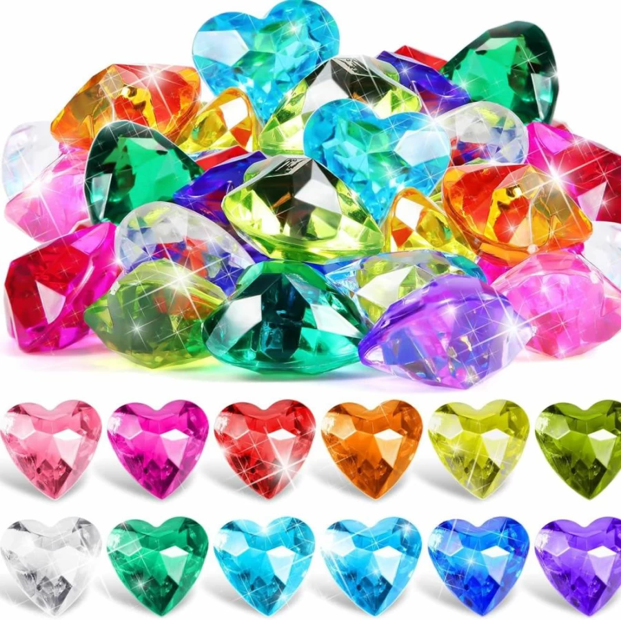 Hicarer 30-Piece Colorful Acrylic Diamond & Heart Pool Diving Toys for Kids - Summer Beach Swimming Training Gifts for Boys and Girls