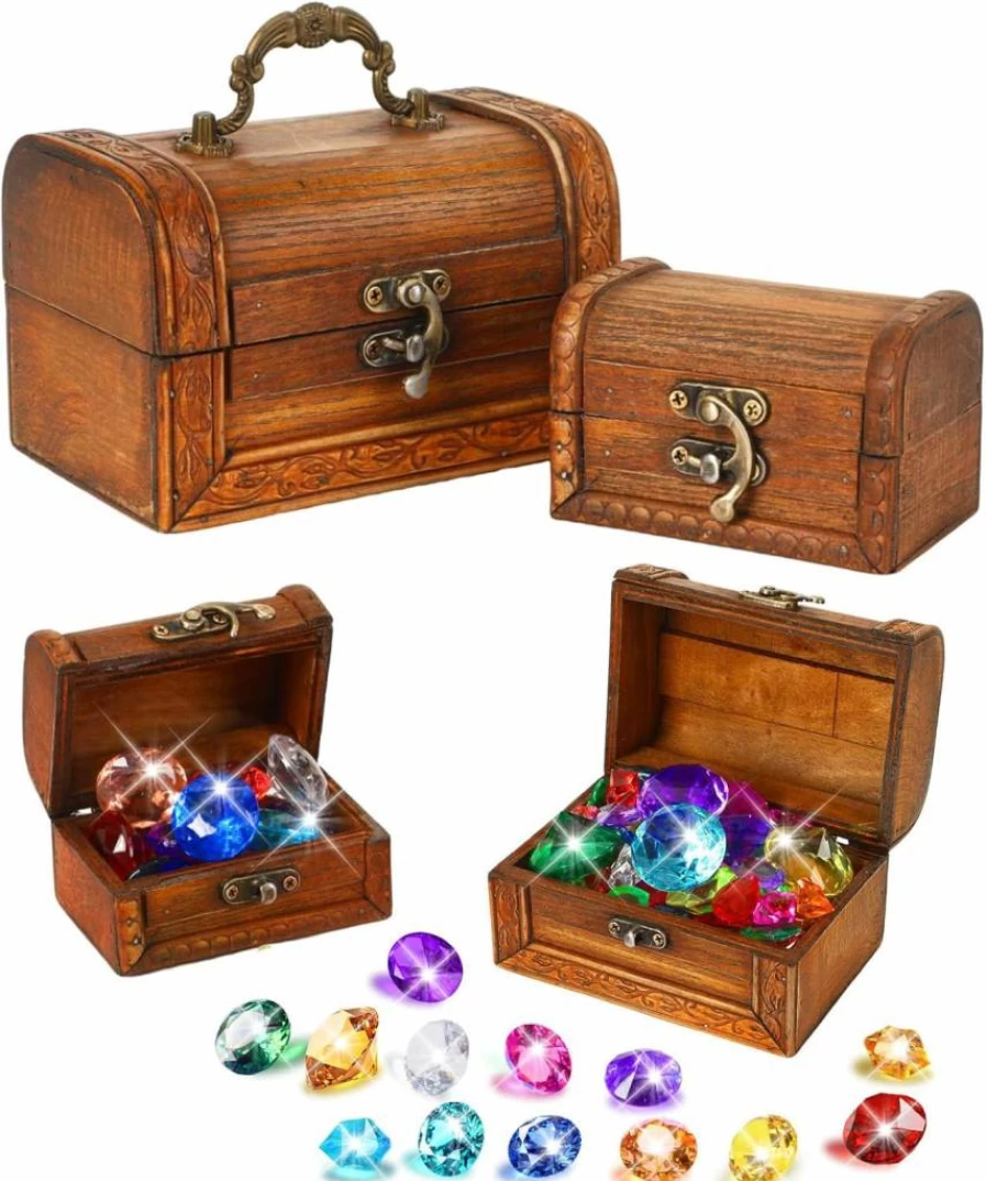 MARFOREVER 2 Pack Wooden Pirate Treasure Chest Pool Toys for Underwater Treasure Hunt Games, Vintage Style Party Favors for Summer Pool Fun