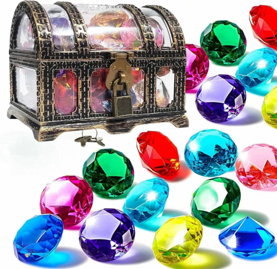 20Pcs AiFanS Diving Gems Pool Toys for Kids - Colorful Diamond Treasure Hunt Set with Pirate Chest, Underwater Swim Training Game for Summer Water Fun