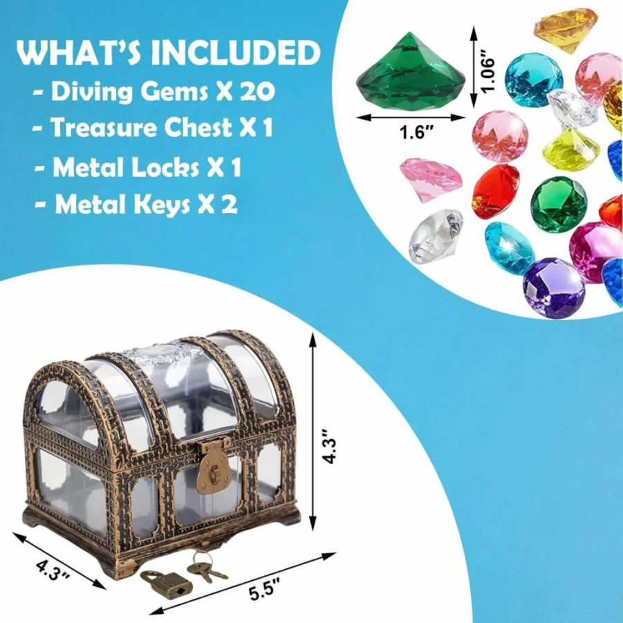 20Pcs AiFanS Diving Gems Pool Toys for Kids - Colorful Diamond Treasure Hunt Set with Pirate Chest, Underwater Swim Training Game for Summer Water Fun