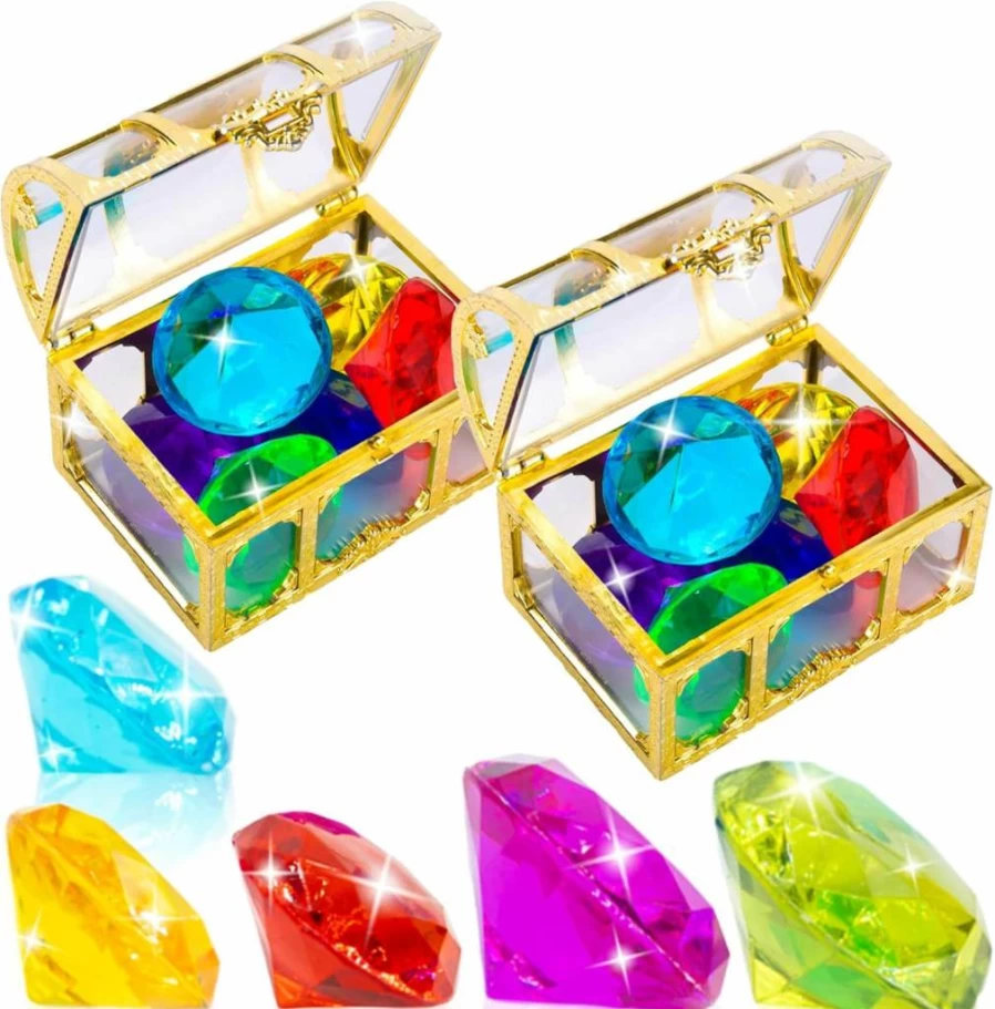Hercugifts 2 Pack Pirate Treasure Box with 6 Colorful Diving Gems - Summer Pool Toys for Kids, Swimming Game Accessories, Underwater Treasure Hunt Gift Set (Golden)
