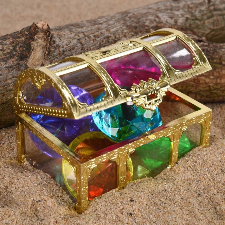 Hercugifts 2 Pack Pirate Treasure Box with 6 Colorful Diving Gems - Summer Pool Toys for Kids, Swimming Game Accessories, Underwater Treasure Hunt Gift Set (Golden)