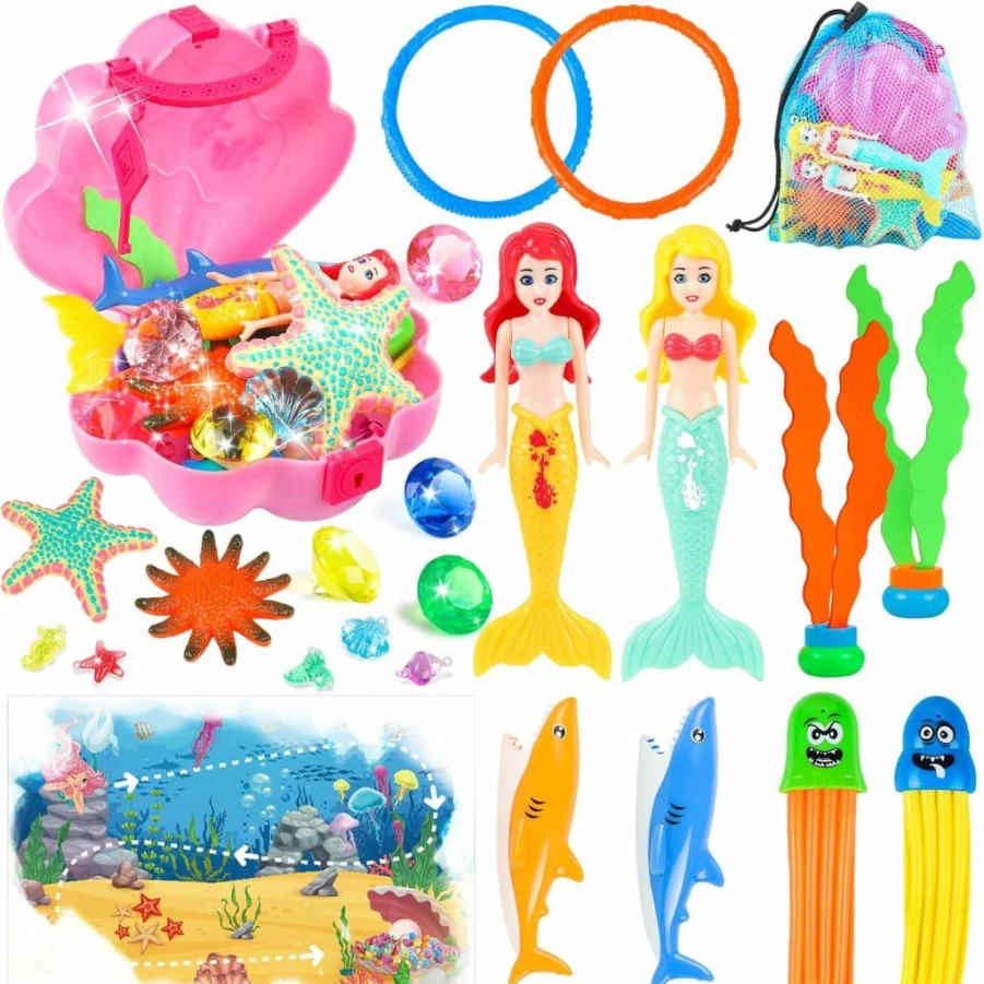 HUUIDY Kids Pool Toys Set with Mermaid, Diving Toys, Treasure Chest Shell Box & Storage Bag for Summer Beach Water Games, Birthday Party Gifts