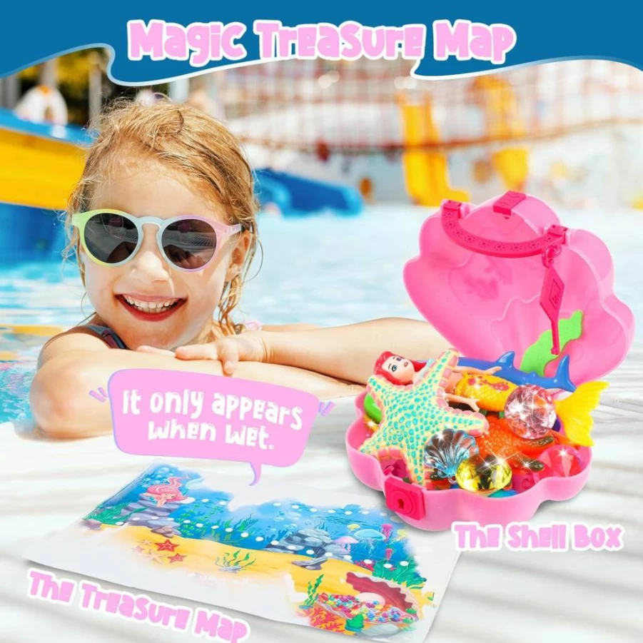 HUUIDY Kids Pool Toys Set with Mermaid, Diving Toys, Treasure Chest Shell Box & Storage Bag for Summer Beach Water Games, Birthday Party Gifts