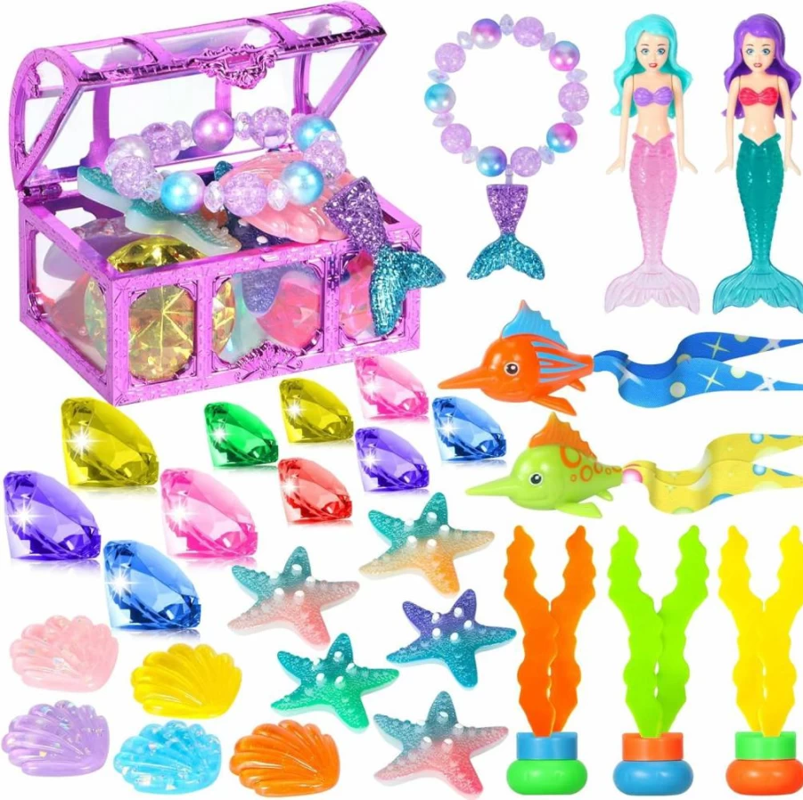 VGOFUN 31 Pcs Mermaid Treasure Diving Toys for Kids Ages 3-12, Underwater Pool Games with Pirate Chest & Storage Bag, Swimming Training Gifts for Boys Girls