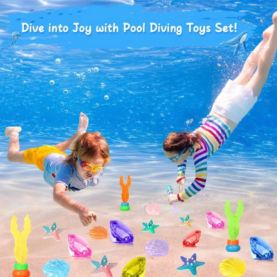 VGOFUN 31 Pcs Mermaid Treasure Diving Toys for Kids Ages 3-12, Underwater Pool Games with Pirate Chest & Storage Bag, Swimming Training Gifts for Boys Girls