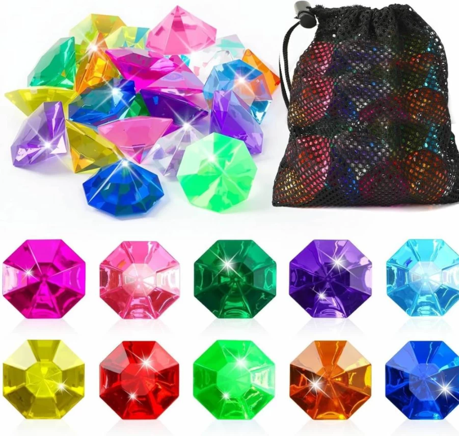 MARFOREVER 36 Pcs Pirate Treasure Gems - Colorful Acrylic Diamond Gemstones for Pool, Underwater, Vase Filler, Beach & Summer Water Toys, Party Favors with Mesh Storage Bag