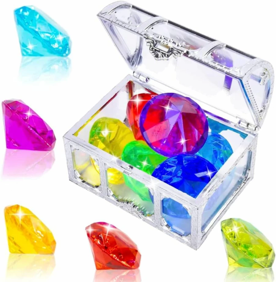 Hercugifts 6-Piece Colorful Diving Gems Set with Pirate Treasure Box - Pool Toys for Kids (Silver White)