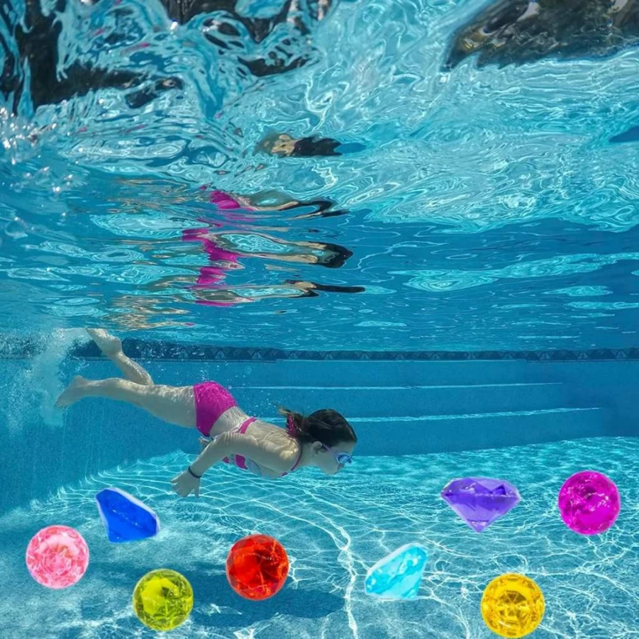 Hercugifts 6-Piece Colorful Diving Gems Set with Pirate Treasure Box - Pool Toys for Kids (Silver White)