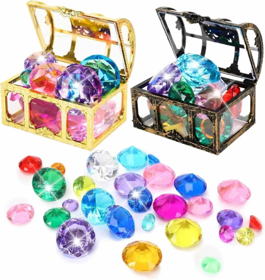 MARFOREVER 24-Piece Diving Gem Set with Treasure Chests - Colorful Acrylic Diamond Pool Toys for Underwater Treasure Hunt, Swimming Training & Summer Party Favors