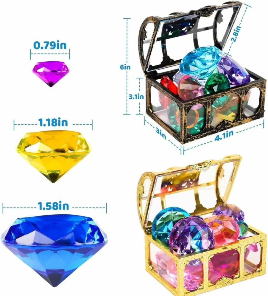 MARFOREVER 24-Piece Diving Gem Set with Treasure Chests - Colorful Acrylic Diamond Pool Toys for Underwater Treasure Hunt, Swimming Training & Summer Party Favors