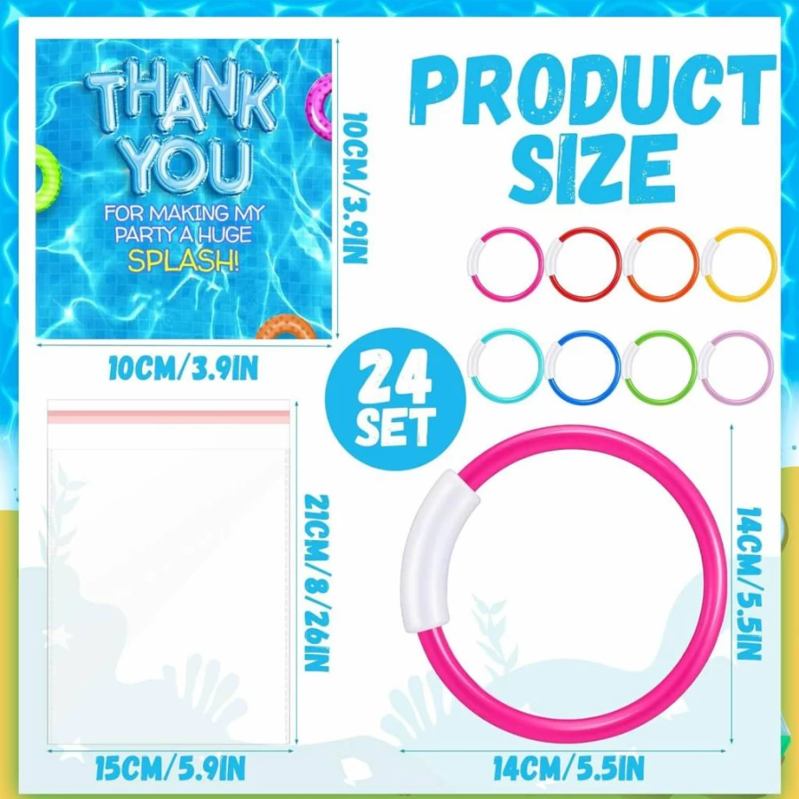 WinnerWhy 24-Piece Summer Pool Party Favors Kit for Kids - Includes Diving Rings, Floating Toys, Water Games, and Thank You Cards for Outdoor Swimming Fun
