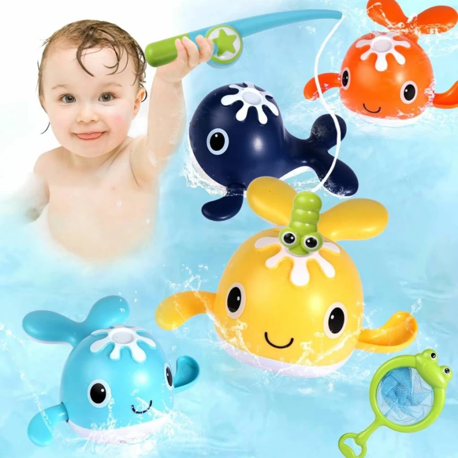 FICCURYS Baby Bath Toys Set - Wind Up Swimming Pool Toys for 1-3 Year Olds, Magnetic Fishing Game with Rod, Net & 4 Colorful Whales, Toddler Birthday Gifts for Boys & Girls