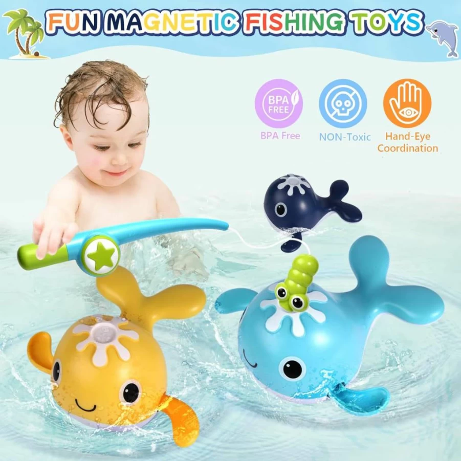 FICCURYS Baby Bath Toys Set - Wind Up Swimming Pool Toys for 1-3 Year Olds, Magnetic Fishing Game with Rod, Net & 4 Colorful Whales, Toddler Birthday Gifts for Boys & Girls