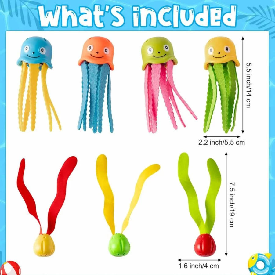 HlaitsWit 7Pcs Underwater Pool Toys Set - Colorful Octopus & Seaweed Diving Game for Kids, Summer Swim Party Accessories, Bath Water Fun Retrieval Activity