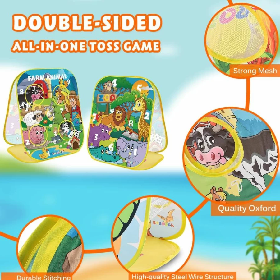RaboSky Dinosaur Outdoor Games for Kids Ages 3-8 - 4-in-1 Backyard Toy Set with Bean Bags, Throwing Axes, Ring Toss, and Sticky Balls - Fun Birthday Party Activities and Gifts for Toddlers and Boys