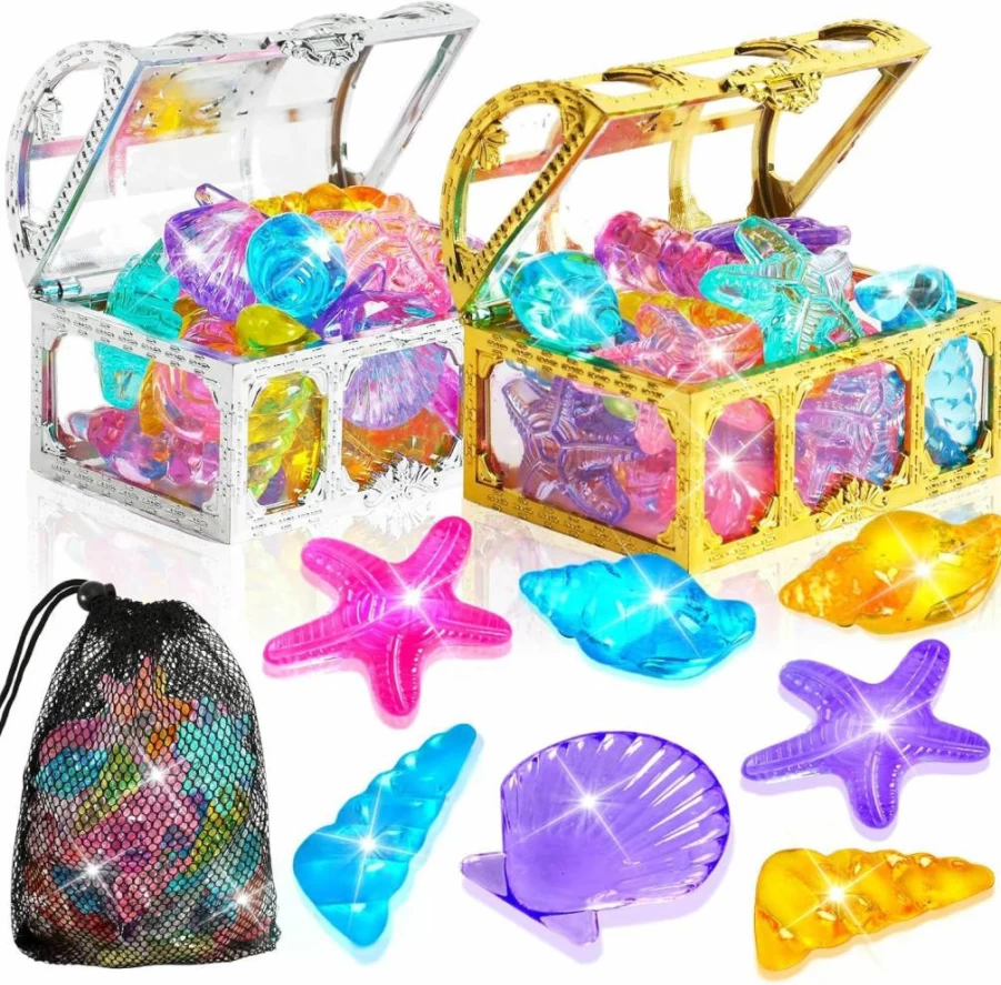 MARFOREVER 16-Piece Sinking Gem Pool Toys Set with 2 Treasure Chests - Colorful Diving Crystals for Underwater Fun, Summer Party Favors, and Swim Games