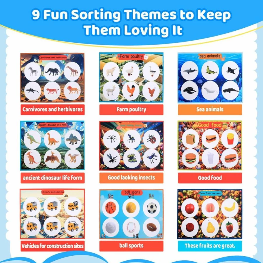 WDGLPG Montessori Sorting Toys for Toddlers 3+ Years - Fruits, Dinosaurs, Animals, Insects, Balls, Food, Fish & Poultry Matching Learning Playset for Boys & Girls