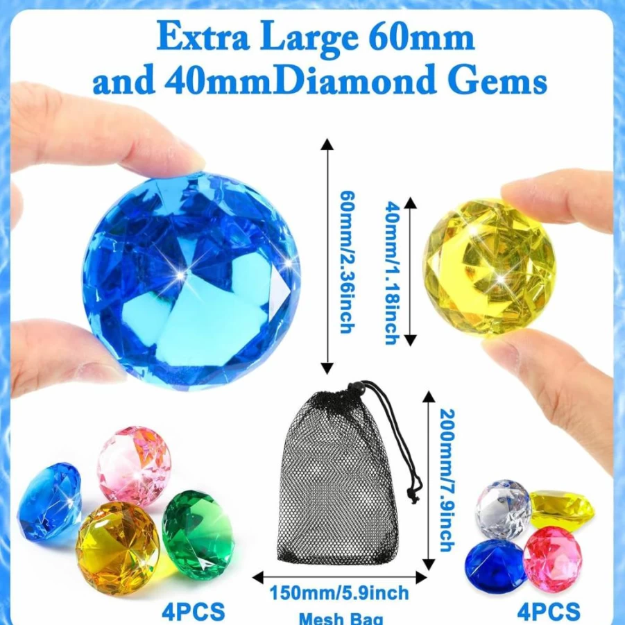 MARFOREVER 8Pcs Large Diving Gems Set - 4Pcs 60mm & 4Pcs 40mm Acrylic Diamonds for Underwater Treasure Hunts, Pool Parties, and Birthday Favors