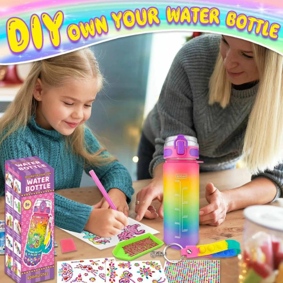 EDSPORTSHOUSE Mermaid DIY Water Bottle Decorating Kit for Girls Ages 4-10, Creative Arts and Crafts Gift for Birthday Christmas, Fun Painting Activity Toy