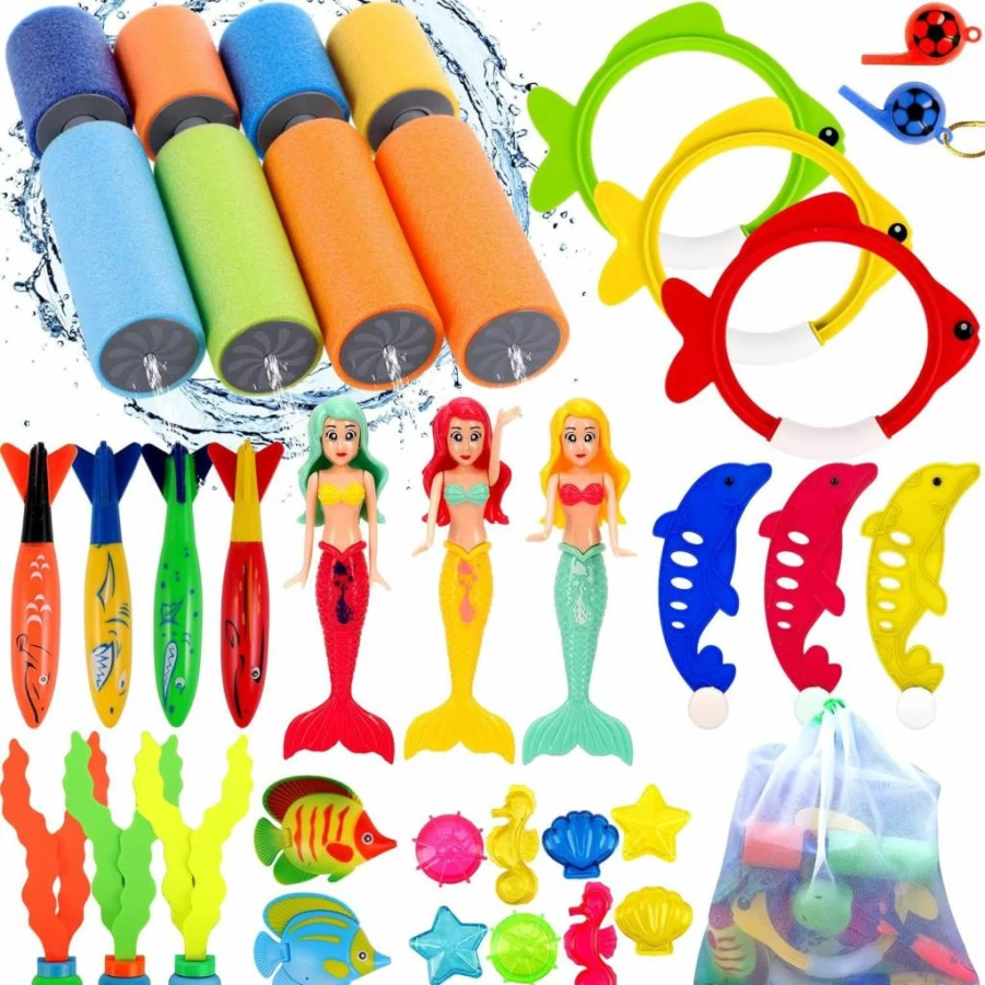 ASONA Kids Pool Toys Set - 4 Water Squirt Guns, Mermaid Diving Rings, Sticks, Gems & Fish Toys with Storage Bag for Ages 3-12, Swimming Game Gifts for Boys & Girls