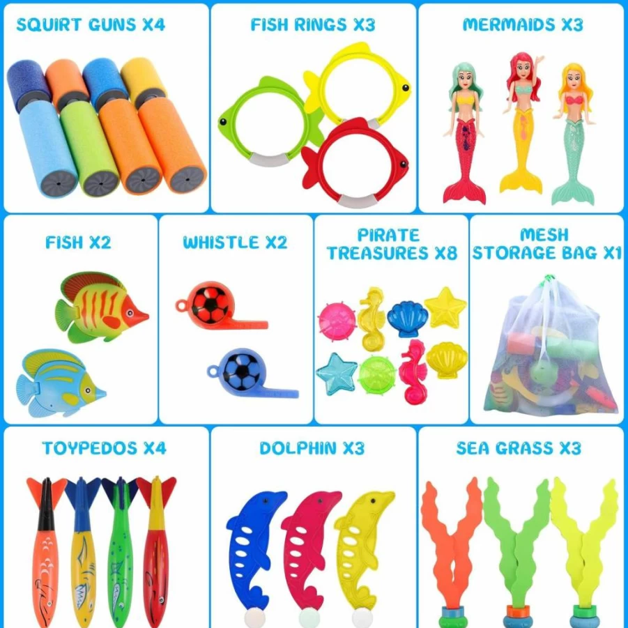 ASONA Kids Pool Toys Set - 4 Water Squirt Guns, Mermaid Diving Rings, Sticks, Gems & Fish Toys with Storage Bag for Ages 3-12, Swimming Game Gifts for Boys & Girls